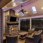 outdoor fireplace, deck, decking, portico, front entrance, outdoor living,